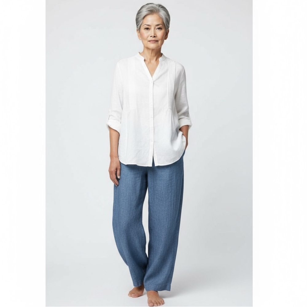 Coldwater Creek 1X Women’s White Pintuck Yoke, Long-Sleeve Collarless Shirt